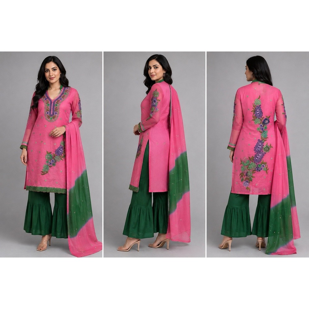 Women Indian Pakistani 4PC Pink Green Embroidered Kurta Pants Dupatta A37